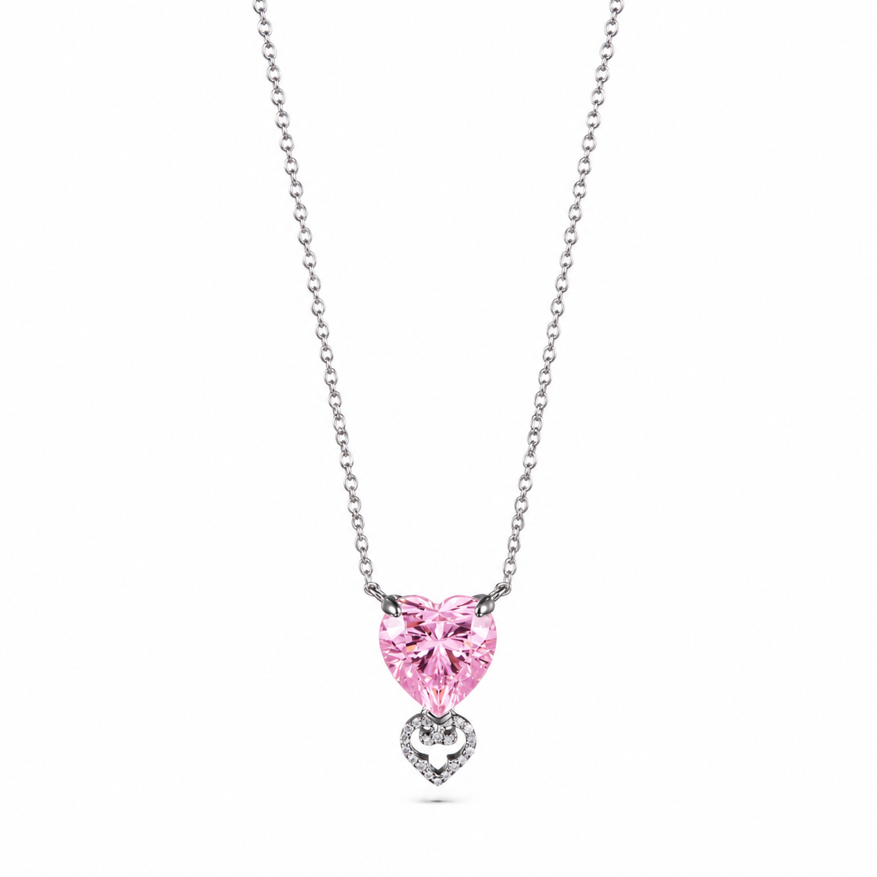 Two Hearts Pendant | Pink Stone | Rhodium