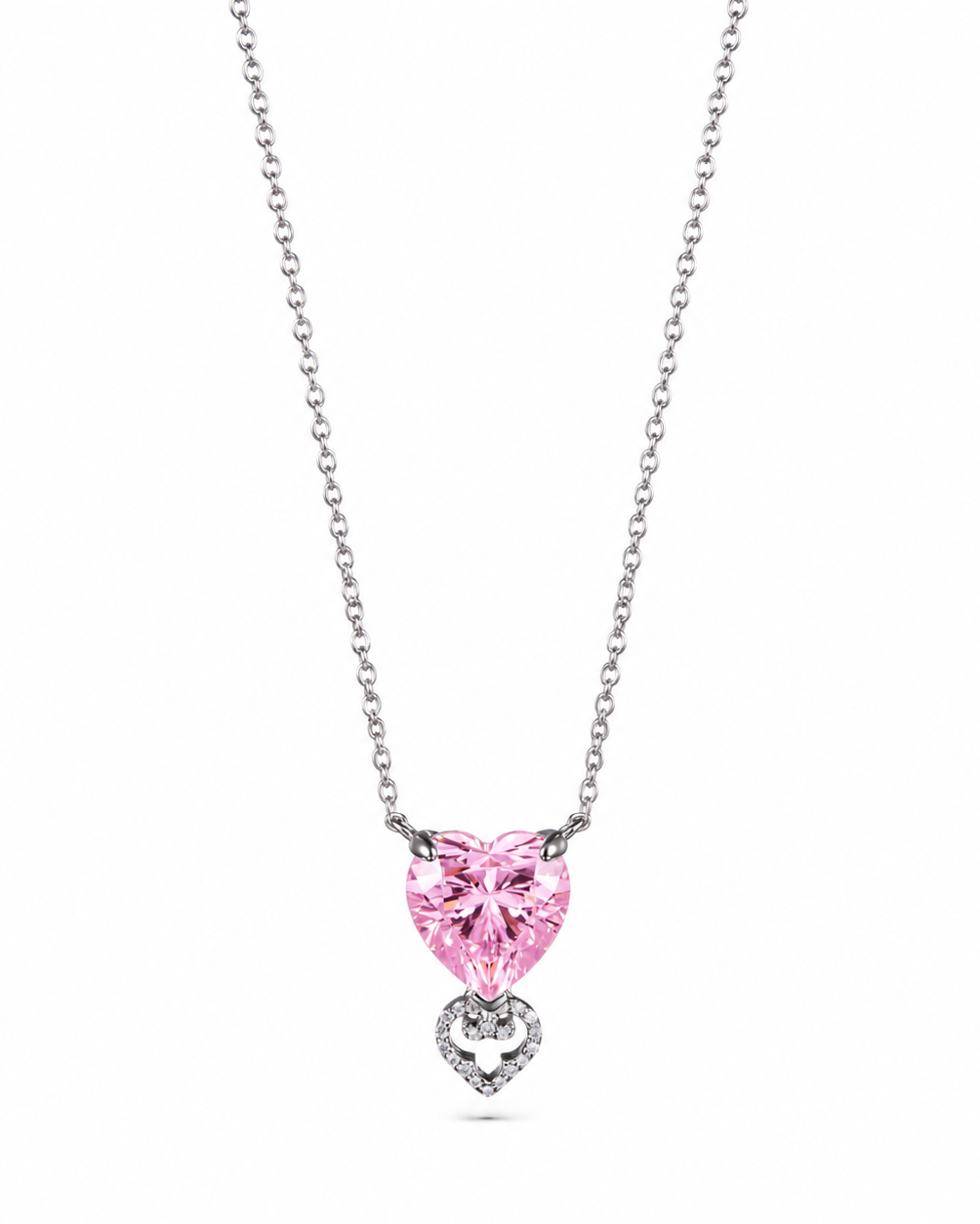 Two Hearts Pendant | Pink Stone | Rhodium