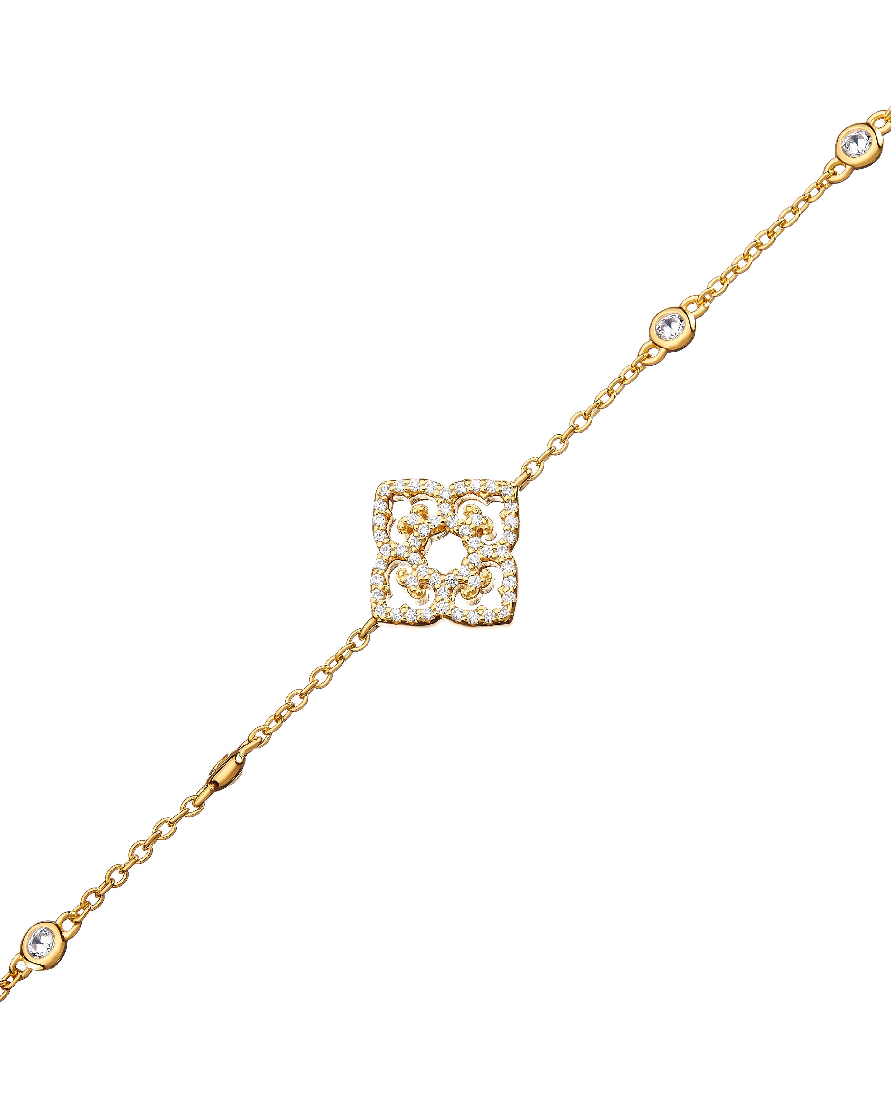 Yellow gold plated bracelet with zirconia stones and decorative centerpiece