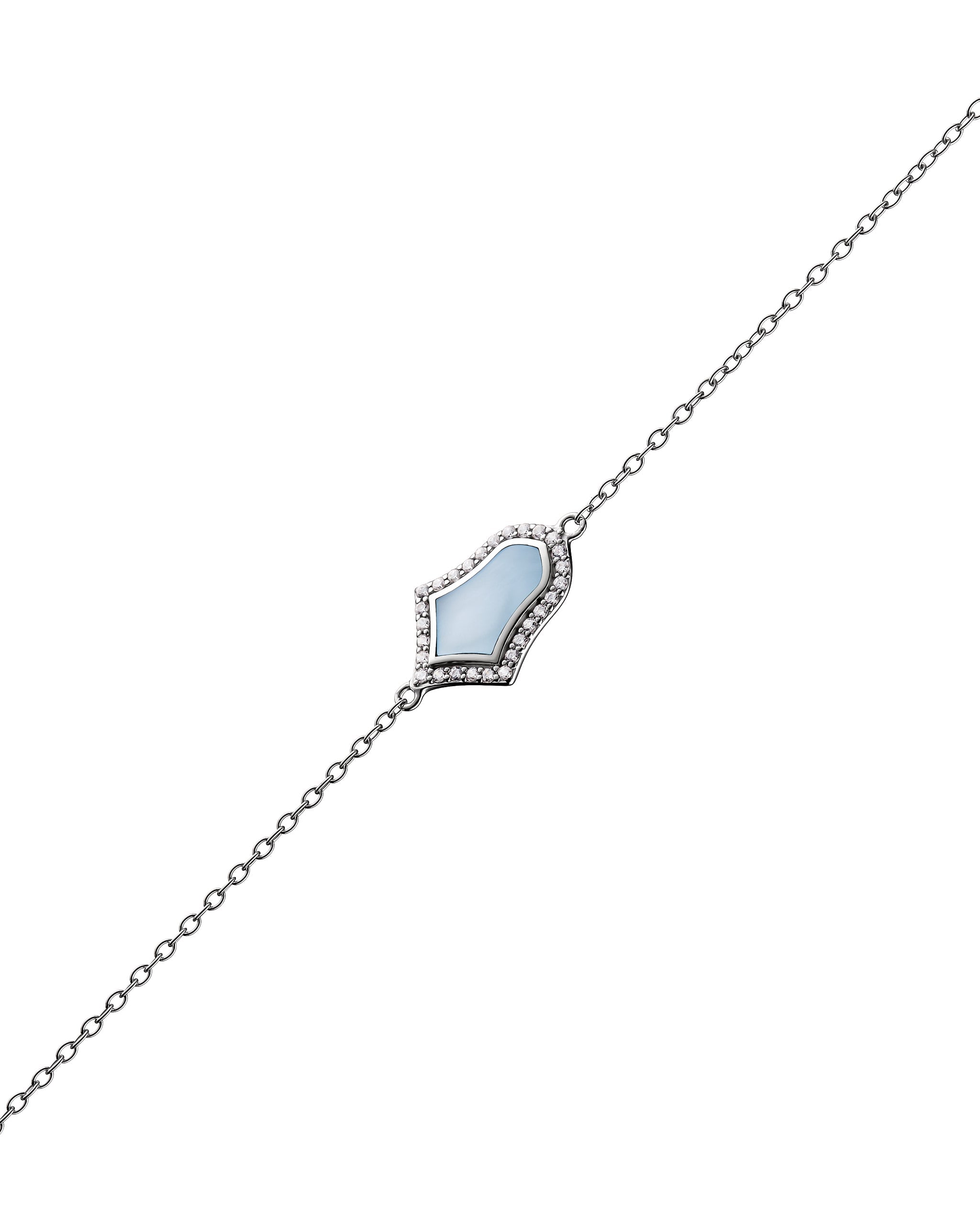 Delicate silver bracelet with a light blue gemstone on a white background