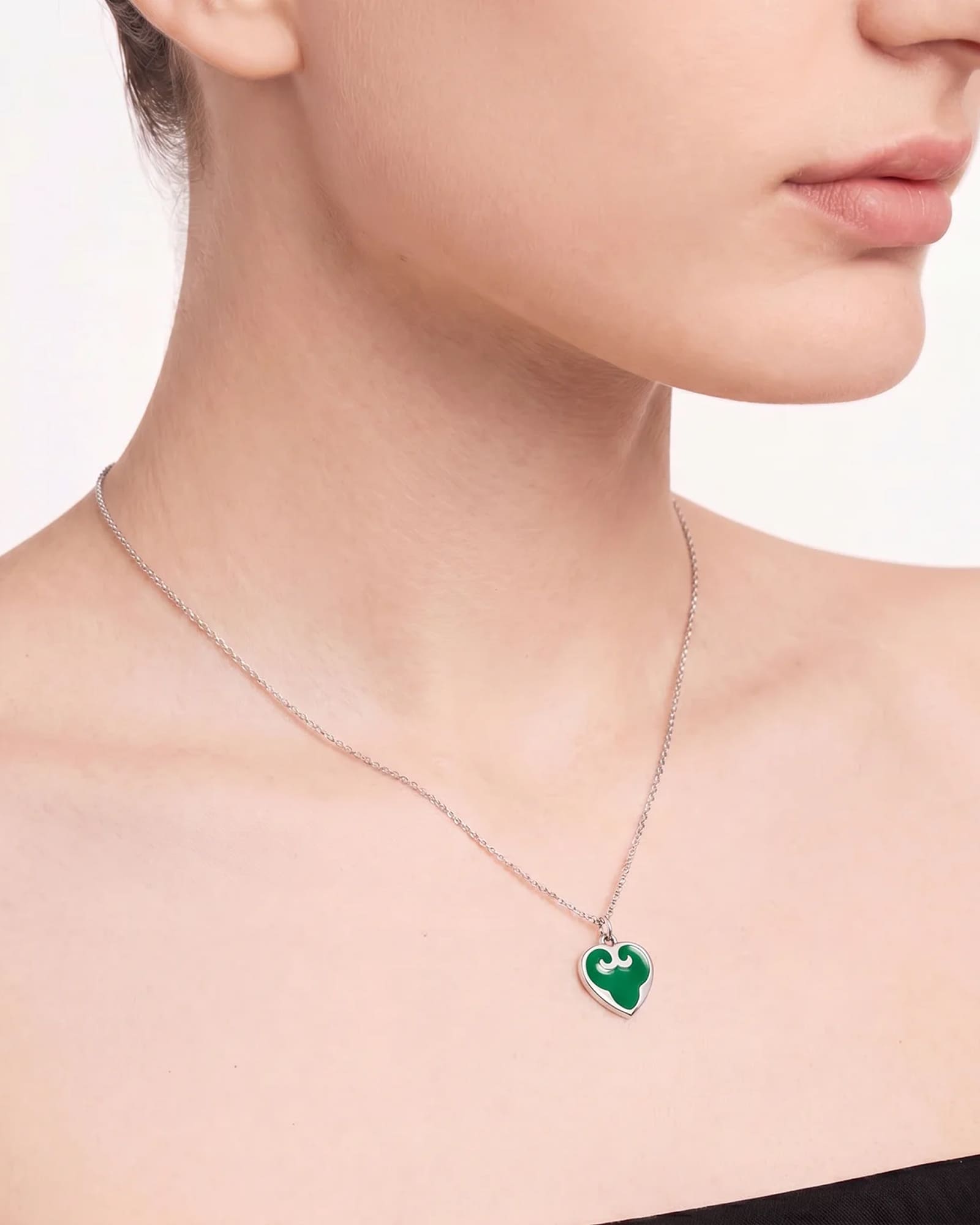 Green Enamel Heart Pendant | Silver