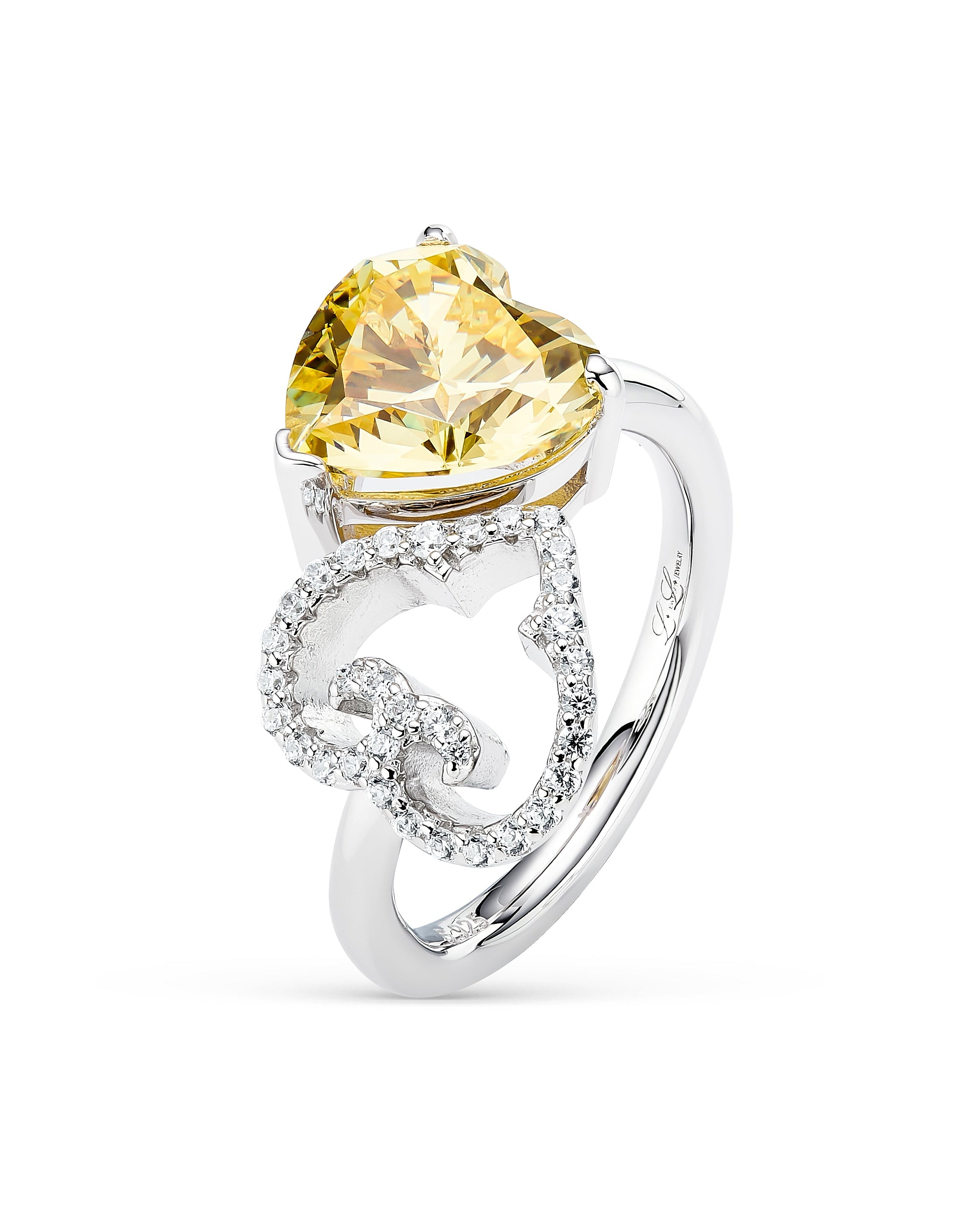 Two Hearts Ring | Yellow Stone | Rhodium