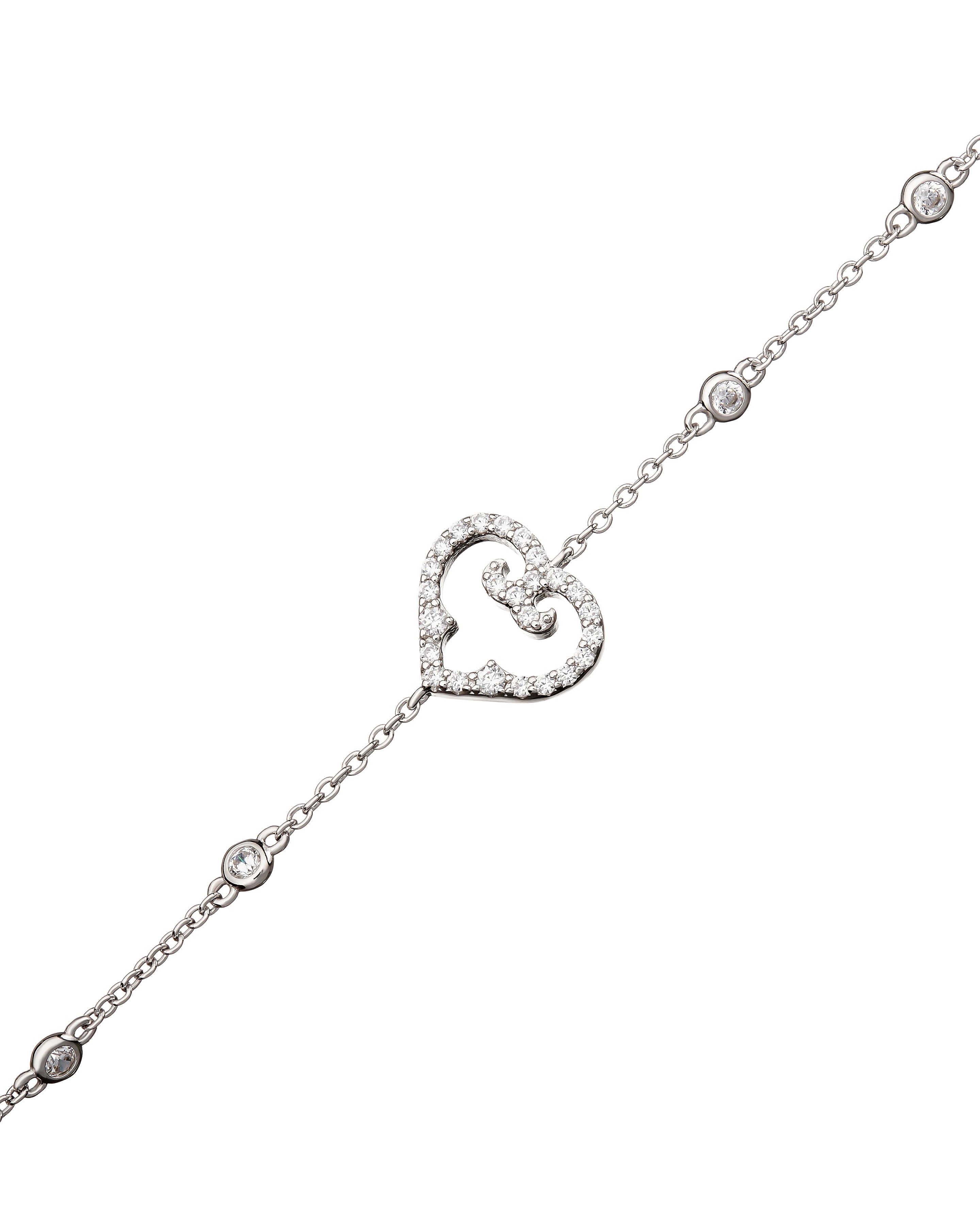 Silver bracelet with heart-shaped clasp on a white background
