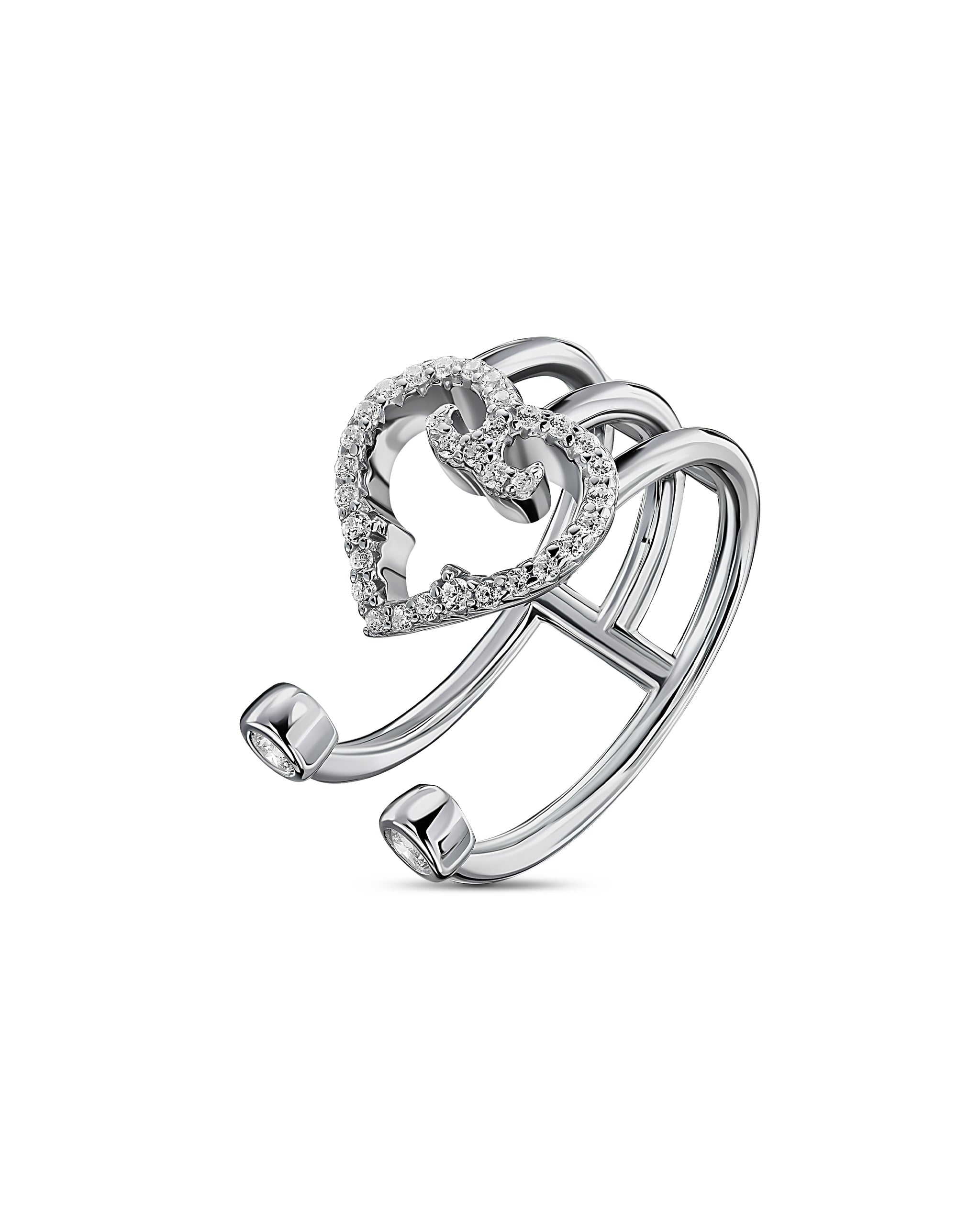 Silver open ring with heart design on a white background