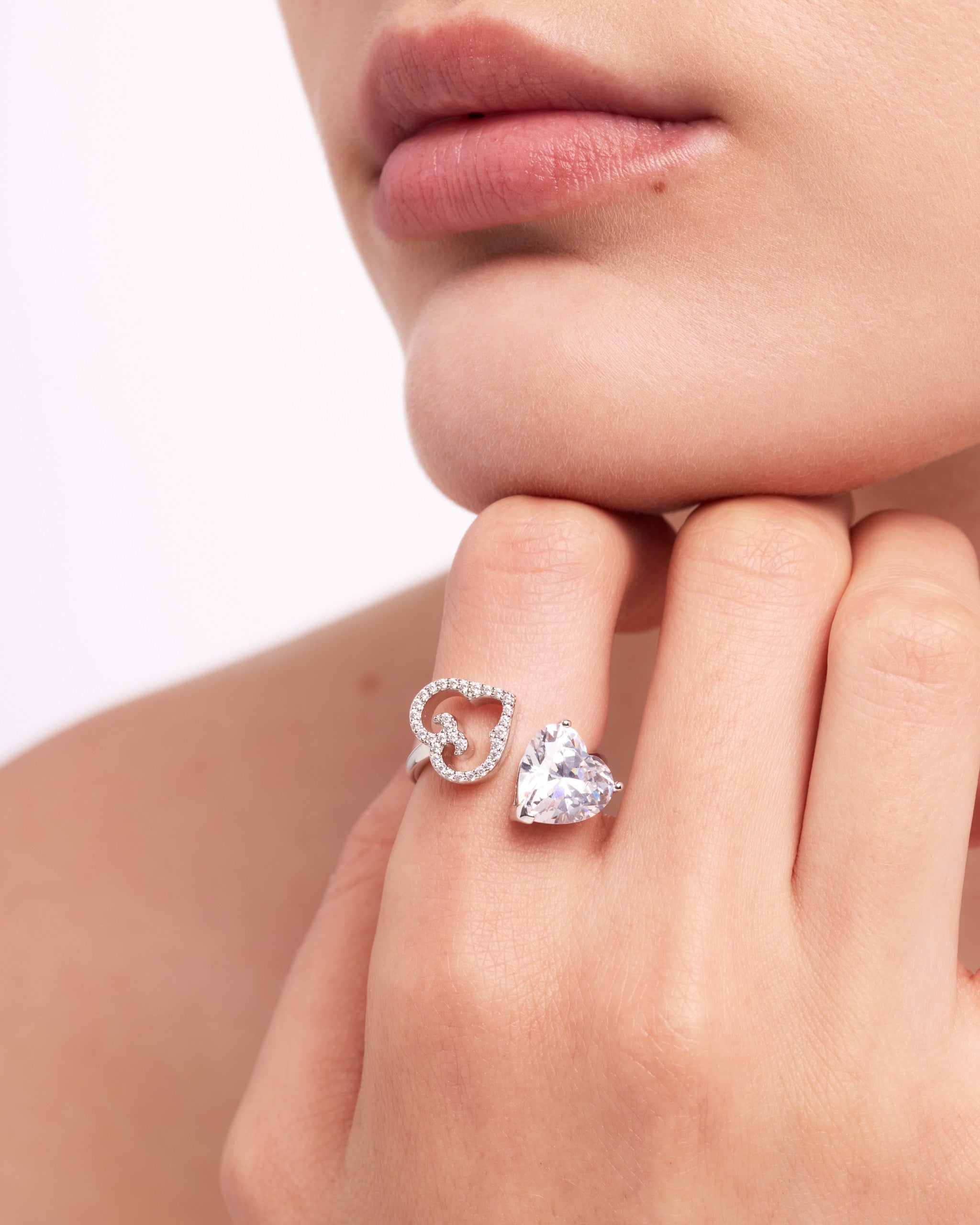 Two Hearts Ring | White Stone | Rhodium