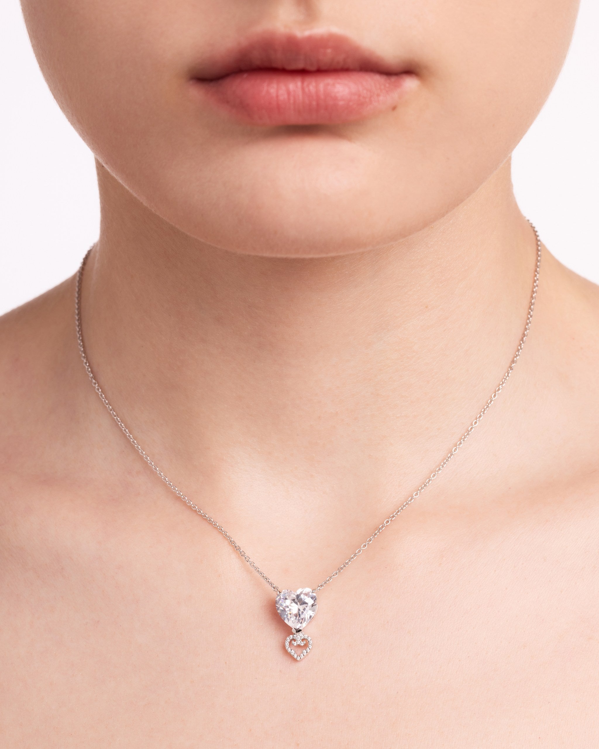 Two Hearts Pendant | White Stone | Rhodium