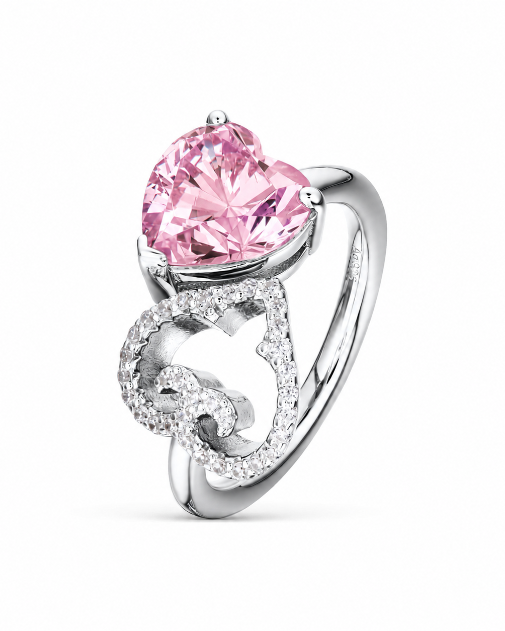Two Hearts Ring | Pink Stone | Rhodium