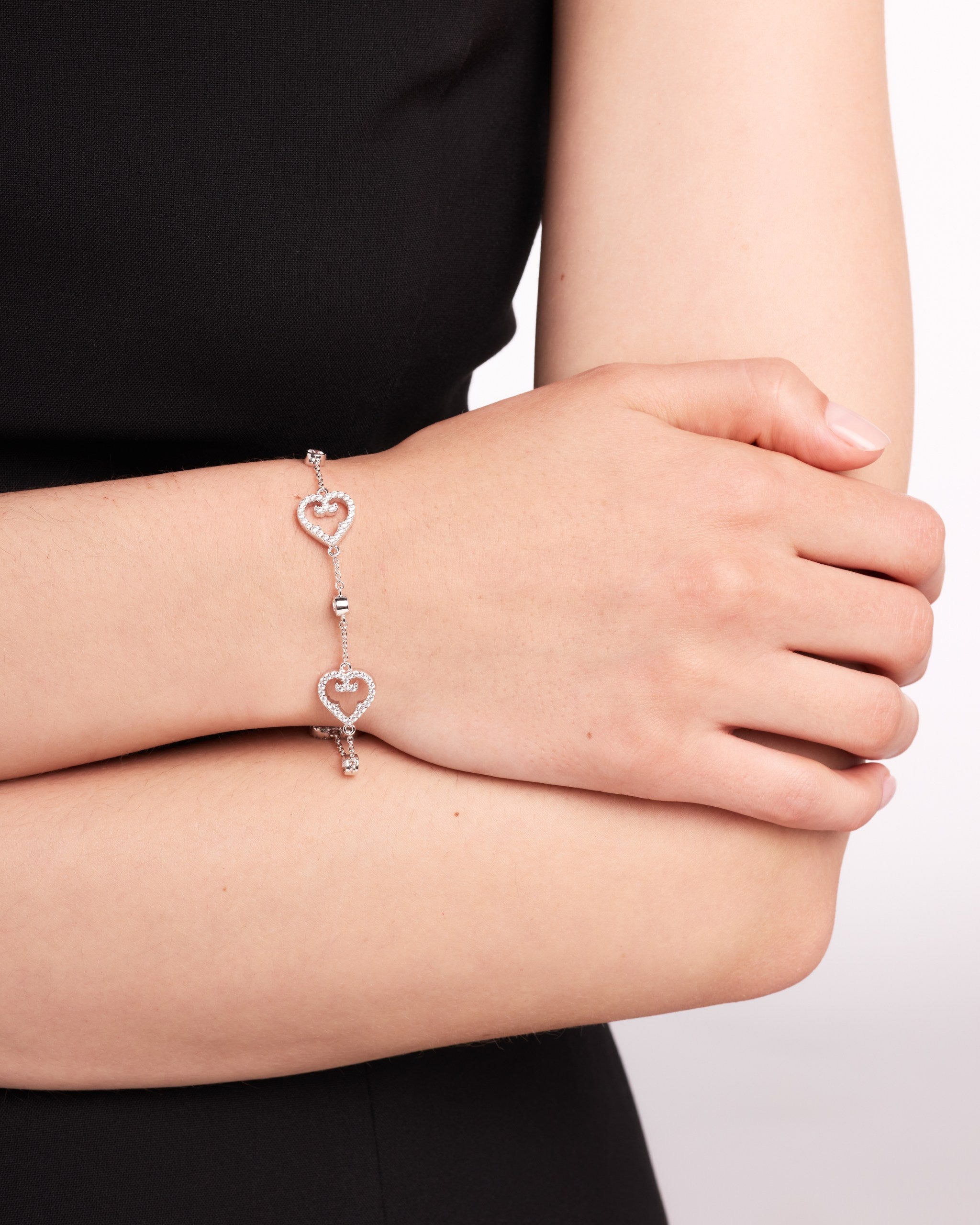 Heart Trio Bracelet | Double-Sided | Rhodium